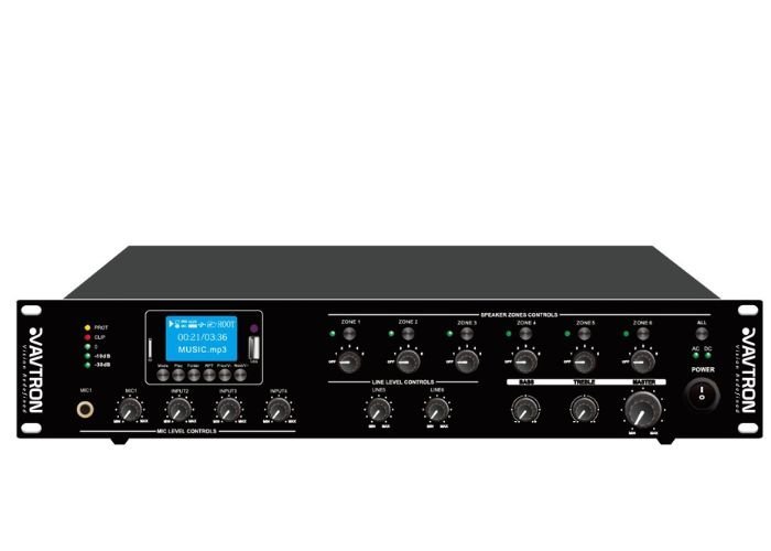 AVTRON 6 Zone 120W Mixer Amplifier with Bluetooth, USB and FM – AP-ZP120