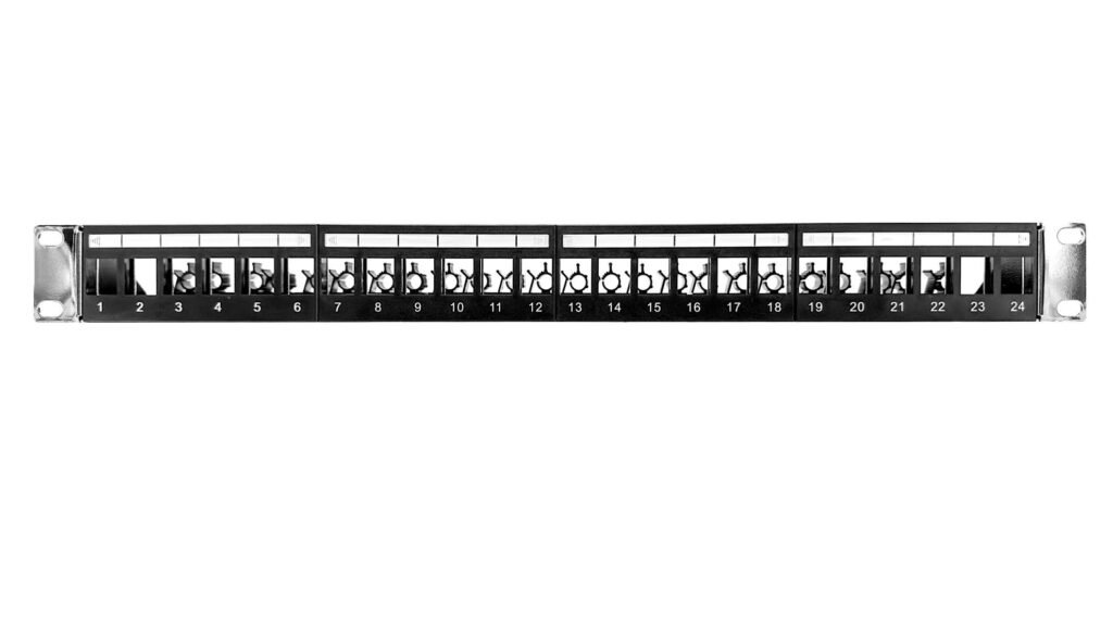DYNAMIX 19″ 1RU Unloaded 24 Port STP/UTP Patch Panel – PP-UK-24RMV2